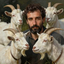 people and goats by Hamid Savkuev, close-up, botanical illustration