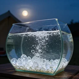 [ a glass fish tank full of sparkling water ], fish tank full of ( water and shiny crystals ), highly detailed, dusk, moon light, campsite, hdr, backlit, ( dramatic angle ) 8 k f 5 2 0 mm
