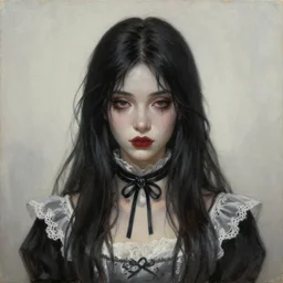 a portrait of a beautiful dark hair waif girl gothic, bored, illustration, soft lighting, soft details, painting oil on canvas by margaret keane and artgerm, trending on artstation, 4k, 8k, HD