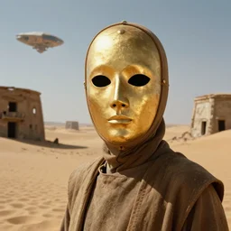 the long - shot portrait of bene gesserit in full - face golden glowing mask seeing the abandoned buildings under the sand, alien spaceship in the sky, film still from the movie directed by alejandro jodorowsky with cinematogrophy of christopher doyle and art direction by hans giger, anamorphic lens, kodakchrome, very detailed photo, 8 k,