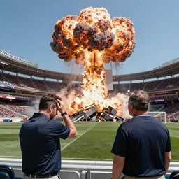 Gillette Stadium being destroyed by a nuclear blast as a distraught coach Belichick looks on
