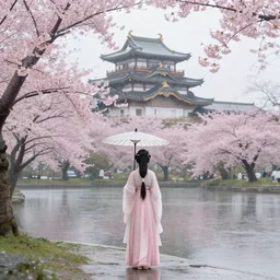 a beautiful picture of rainy day, sakura in full bloom, palace ， a girl in hanfu holding a umbrella, by greg rutkowski and thomas kinkade, trending on artstation
