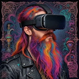 detailed hipster skinny man with bif headset virtual reality, long vibrant colored beard, dmt, by james gurney + intricate and vibrant work + portrait + trending on artstation + incredible gothic illustration + exquisite detail