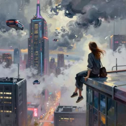 a girl on a ledge up above futuristic new york city below, fog, neon lights, flying cars, storm clouds, oil painting, by george bellows