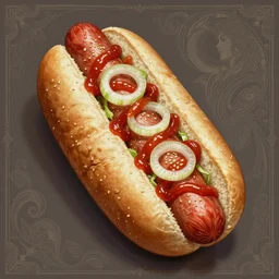 portrait of a young rugged hot dog, extra onions and ketchup, luscious patty with sesame seeds, handsome, D&D, fantasy, intricate, elegant, highly detailed, digital painting, sweaty meat, artstation, concept art, matte, sharp focus, illustration, art by Artgerm and Greg Rutkowski and Alphonse Mucha