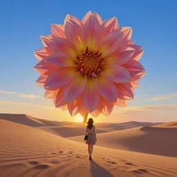 closeup giant dahlia flower replacing head, a girl walking between dunes, surreal photography, sunrise, blue sky, dramatic light, impressionist painting, digital painting, artstation, simon stalenhag