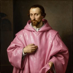 an oil painting by leonardo da Vinci of a 12th century monk wearing a hot pink leather robe