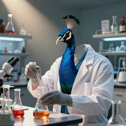 a photo of an peacock dressed as a scientist doing chemistry experiments in a laboratory