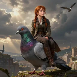 katniss everdeen sitting on a giant pigeon, digital art by greg rutkowski