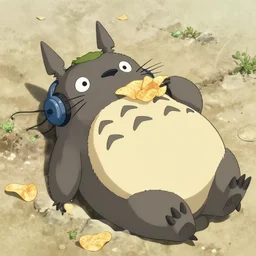 Japanese animation character My Neighbor Totoro lying on the sand, wearing headphones and holding potato chips, Japanese anime style, realistic details