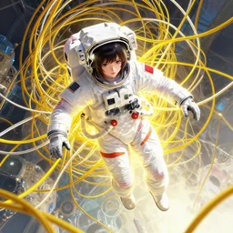 the portrait of an unimaginably beautiful female astronaut floating entangled in thick yellow cables and thick white cables made of light, gorgeous, elegant, young anime girl, an ultrafine hyperdetailed illustration by kim jung gi, irakli nadar, intricate linework, bright colors, octopath traveler, final fantasy, unreal engine 5 highly rendered, global illumination, radiant light, detailed and intricate environment