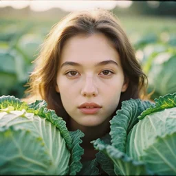 analog close up frontal face portrait photography of a beautiful woman surrounded by cabbage by maxim nikolaev. vogue. kodak portra 8 0 0 film. ( depth of field ). whirl bokeh!!. golden hour. detailed. hq. realistic. warm light. muted colors. filmic. dreamy. lens flare. mamiya 7 ii, f / 1. 2, symmetrical balance, in - frame