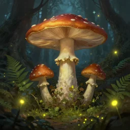 a mushroom forest with fireflies at dusk glowing ferns, deep focus, d & d, fantasy, intricate, elegant, highly detailed, digital painting, artstation, concept art, matte, sharp focus, illustration, hearthstone, art by artgerm and greg rutkowski