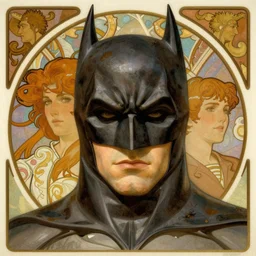 realistic detailed face portrait of batman by alphonse mucha, ayami kojima, amano, greg hildebrandt, and mark brooks, art nouveau, neo - gothic, gothic