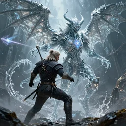 ciri's epic battle against a winged demon, magical armor made of transparent water, intricate, magic shooting forth from different directions, the witcher, fierce combat, sharp details, cinematic lighting, epic fantasy art, 8 k.