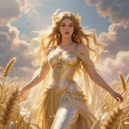 a beautiful female goddess of cereals character, character is in all its glory, character is centered on the image, character is in her natural pose, rim lights, magic in the air, fancy clouds, highly detailed professional photo, dynamic lights, particles are flying, depth of field, trending on artstation, illustration, hyper realistic, vray caustics, super detailed, colorful accents, cinematic shot