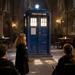 Hermione watches the TARDIS materialise in the Gryffindor common room