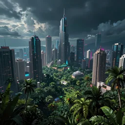 A cyberpunk cityscape in the jungle, by Cyril Rolando, landscape, dramatic lighting, high contrast colors, panoramic view, as trending on Artstation, highly detailed,