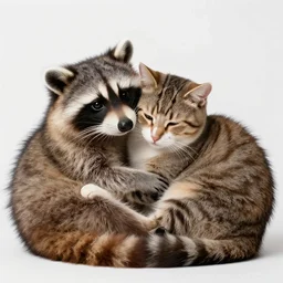 a beautiful and cute picture of a cat and a raccoon cuddling in a basket with a red sunset behind, afternoon soft light, ultra realistic 8K - n 9