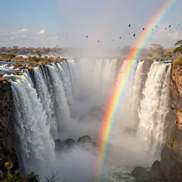 a stunning areal photo of victoria falls zambia zimbabwe early morning mist thousands of colorful tropical birds formation sunrise rainbow award winning photo, 1 0 0 mm lens, f 2. 8, low contrast hdr filter n - 9