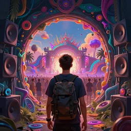 A man wearing a backpack, looking through a portal, a vibrant world through the portal, bass music, rave, music festival, speakers, Detailed digital matte painting in the style of simon stalenhag, artstation, psychedelic