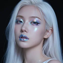 beautiful portrait of a woman with holographic light makeup, glitched lipstick, porcelain hair, in the style of zhang jingna, detailed