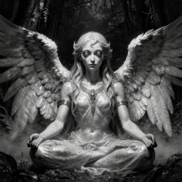 a black and white neoclassicist close - up portrait of a big - eyed sci - fi angel meditating in a jungle at night. reflective textures. glowing fog. highly detailed fantasy science fiction painting by moebius, norman rockwell, frank frazetta, and syd mead. rich colors, high contrast, gloomy atmosphere, dark background. artstation