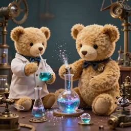photo of teddy bears mixing sparkling chemicals as mad scientists in a steampunk style