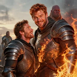 stunning portrait of amused ( ( ( ( copper haired chris hemsworth ) ) ) ) as destruction from sandman looking like kristofer hivju!!, medival armour!!, fire!!!, at dawn, by jeremy mann, by frank moth, jeff easley, alphonse mucha, dave mckean, soft lightning, high detailed, 8 k