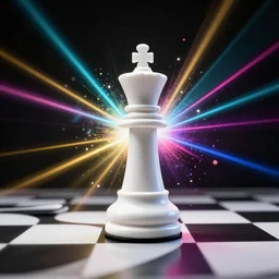 a stunning 3 d simulation of a white chess piece exploding with colorful laserbeams, black background, 4 k