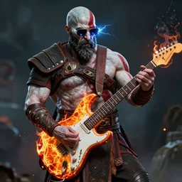 sunglasses wearing kratos shredding on a flaming stratocaster guitar, cinematic render, god of war 2 0 1 8, santa monica studio official media, sunglasses, lightning, spartan rage