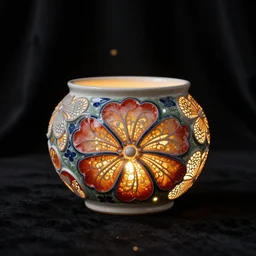 yayoi kintsugi ceramic pot study with bold innovative floral organic shape, colorful, individual piece, black curtain background, lacquer, carved lacquer, bokeh, essence, tiny, nightlight, studio lighting, hard lighting