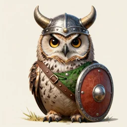 A highly detailed, realistic anthropomorphic owl going to adventure wearing a horned viking helmet, shield, and green shirt. Commission by Sparrow.