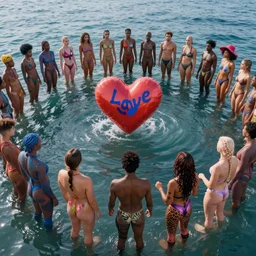 love, diverse emotion cybersuits, from behind, in water, connection rituals, wide wide angle, vivid, elaborate, highly detailed, beautiful lighting
