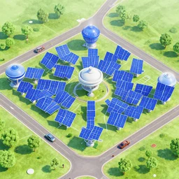 art by filip hodas, pixar, and artgerm. level design solar energy generator field, clean, advertising, entertainments, outside, exterior, fly view, isometric
