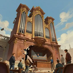 illustration a low angle view of a tall ornate pipe organ falling to ruin, by peter mohrbacher, by alex andreev, by jacek yerka, by alan lee, by vincent di fate, large depth of field, super detailed, digital art, trending on artstation
