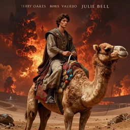 a matte painting of a young gorgeous man with female facial features riding on the back of a camel, hellish background, concept art, by terry oakes, by boris vallejo, by julie bell, artgem, dark fantastic hyperrealism, daz 3 d, album cover, intricate, ornate, ultra detailed, trending on arstation