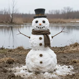a snowman made of mud, in a swamp, photography