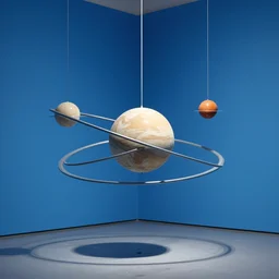 a kinetic sculpture of equilibrium. solar system hanging from vertical rods, blue room