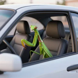 photo of a car, praying mantis in a driver seat, cinema 4 d render, 4 k, detailed, octane rendering