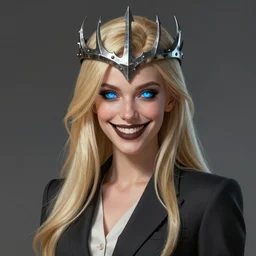 girl in suit, long blonde hair, trident metal crown, dark grin, blue glowing eyes, highly detailed, smooth concept art, airbrush, by artgerm greg rutkowski artstation