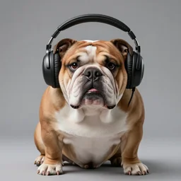 A studio photo portrait of a brown Bulldog wearing a headphone, style Steve McCurry, hyperrealistic, ultra HD, Unreal Engine 5 render
