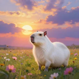 white capybara!! looking at the sun in a flower field, surreal photography, sunrise dramatic light, impressionist painting, colorful clouds, digital painting, artstation, kilian eng, john harris, bastien lecouffe - deharme, simon stalenhag, flower face