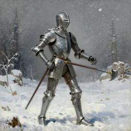 1 5 th century robot jousting a kight in a snowstorm in the style of oil renaissance painters