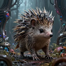 intricate terminator hedgehog, on the background of a weird magical mechanical forest. Very detailed 8k. Fantasy cyberpunk horror. Sharp. Cinematic post-processing. Unreal engine. Nanite. Ray tracing. Parallax. Tessellation