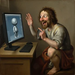 oil on canvas, renaissance painting of a 3d artist happy, crouched and enthusiastic looking at the a computer screen with 3d character,
