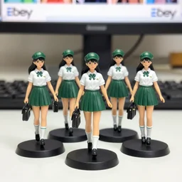 Image on the store website, eBay, Full body, 80mm resin detailed miniature of five school girls in deep green mini-skirts, caps, bags