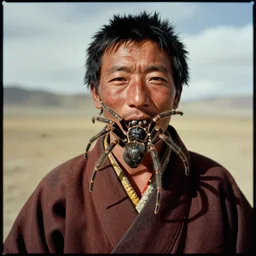 7 0 s movie still of a tibetan man with a giant spider in the mouth, cinestill 8 0 0 t 3 5 mm eastmancolor, heavy grain, high quality, high detail