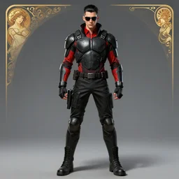 full body and face character design of realistic alt art androgynous agent slick hair black red shirt kevlar tactical bulletproof armor jacket sunglasses heroic pose artgerm greg rutkowski alphonse mucha trending