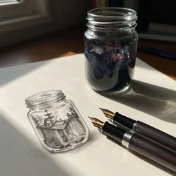 sketch of fountainn pen and glass canning jar of swirling ink shimmering on a desk, dramatic afternoon lighting, smudged graphite, heavy metal, by moebius